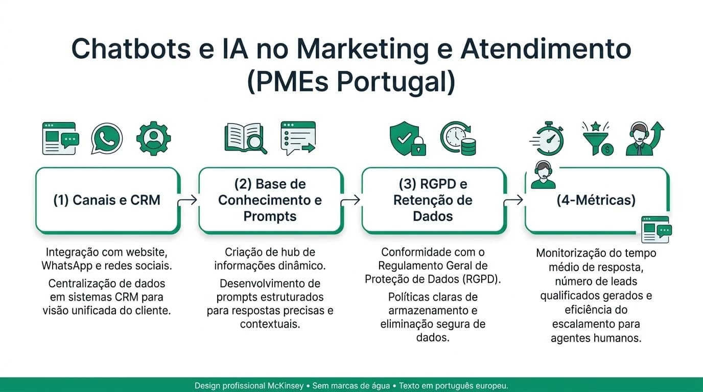 Infografia sobre chatbots com IA generativa para marketing e atendimento ao cliente em PMEs portuguesas, com fluxo humano, dados e conformidade RGPD.