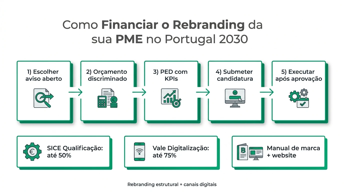 Infografia editorial sobre como financiar rebranding e identidade visual de PMEs portuguesas com apoios Portugal 2030, incluindo logótipo, manual de marca, templates digitais, domínio marca e design no SICE Qualificação, orçamento discriminado e integração com website.