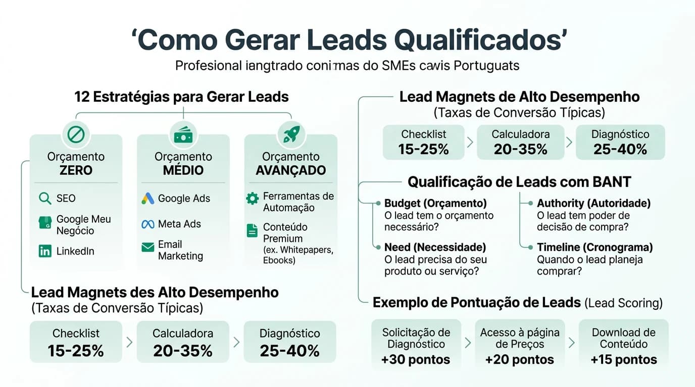 Infografia sobre geracao de leads qualificados para PMEs em Portugal com 12 estrategias, canais e metricas.