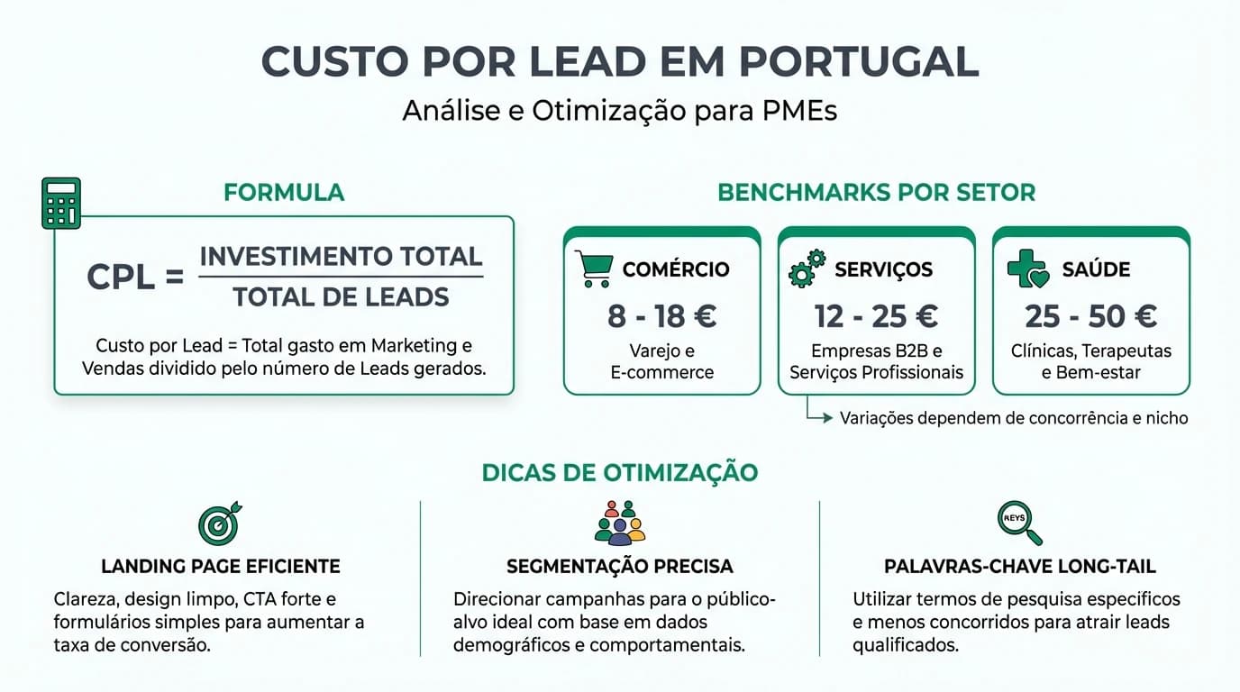 Infografia sobre custo por lead em Portugal com formula de calculo, benchmarks por setor, fatores que influenciam o CPL e estrategias de otimizacao, apresentada num layout corporativo limpo.