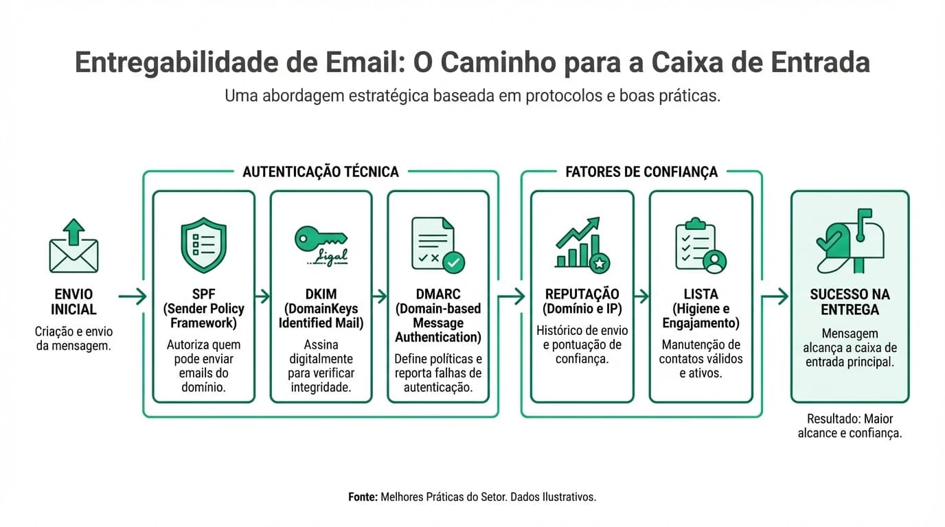 Infografia sobre entregabilidade de email com SPF DKIM DMARC, reputacao de dominio e boas praticas de listas para PMEs em Portugal.