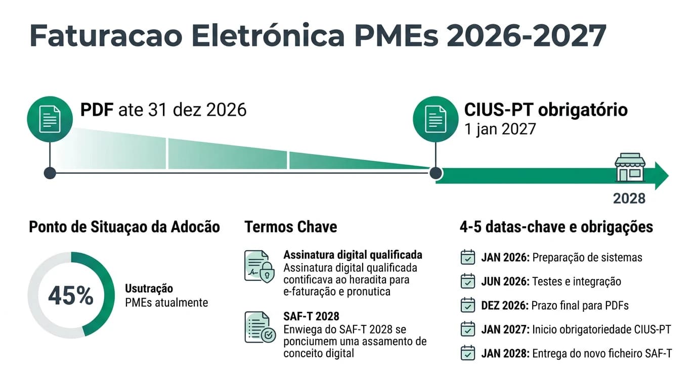 Infografia sobre as mudanças na faturação eletrónica para PMEs em Portugal até 2026, destacando prazos e requisitos legais.
