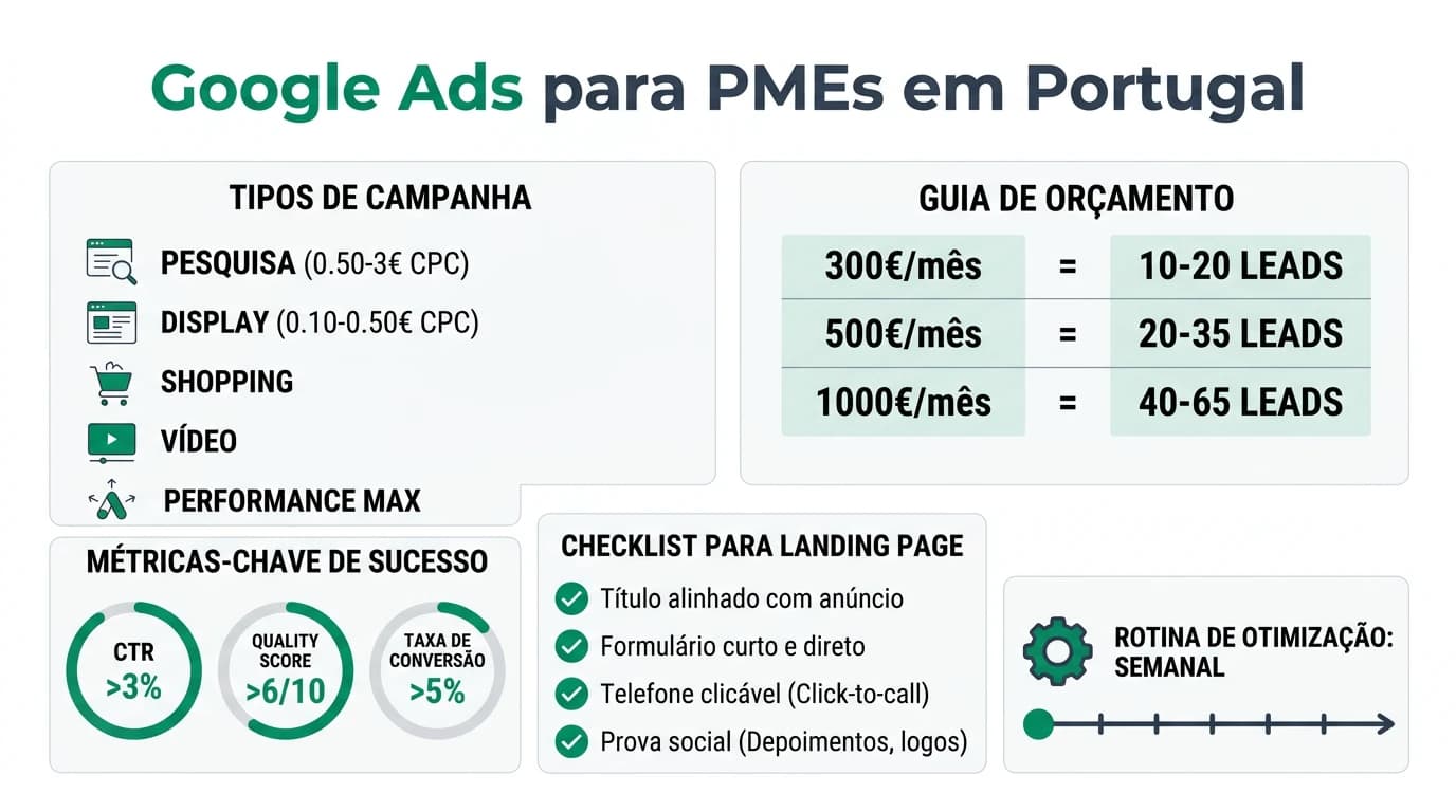 Infografia sobre Google Ads para PMEs em Portugal com tipos de campanha, orcamentos recomendados, metricas chave e dicas de otimizacao.