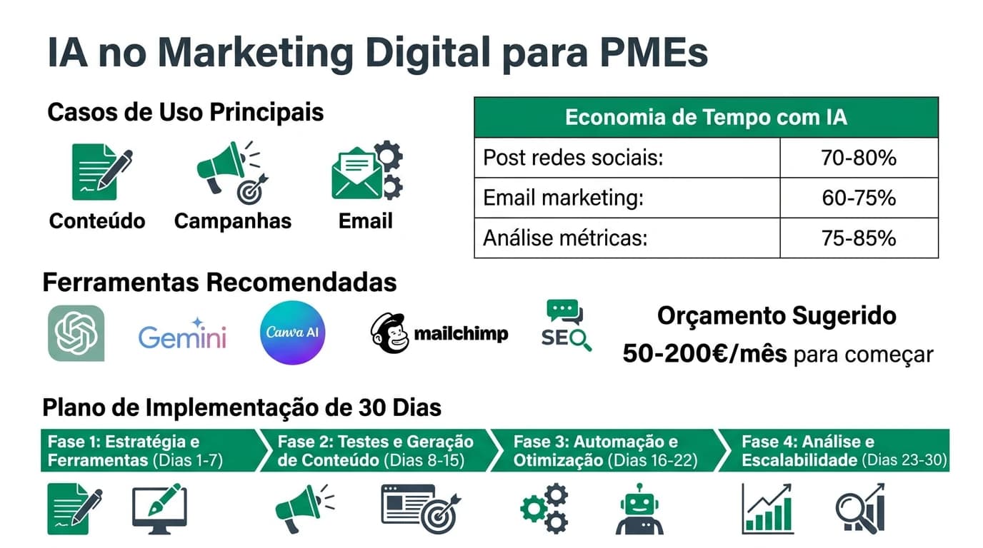 Infografia sobre inteligencia artificial aplicada ao marketing digital para PMEs em Portugal com ferramentas, casos de uso e custos estimados.