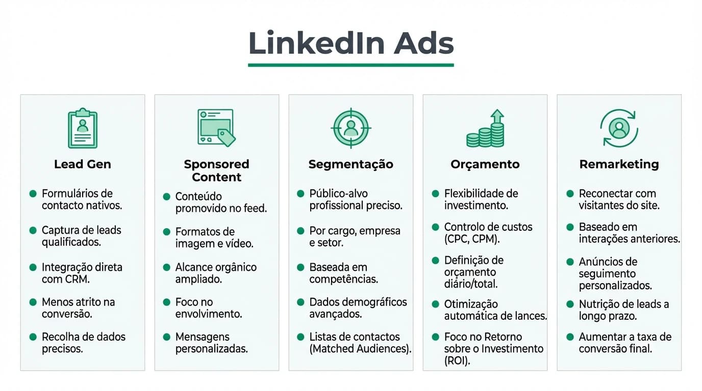 Infografia sobre LinkedIn Ads para PMEs em Portugal com formatos Lead Gen e Sponsored Content, opcoes de segmentacao e fluxo de optimizacao de campanhas.