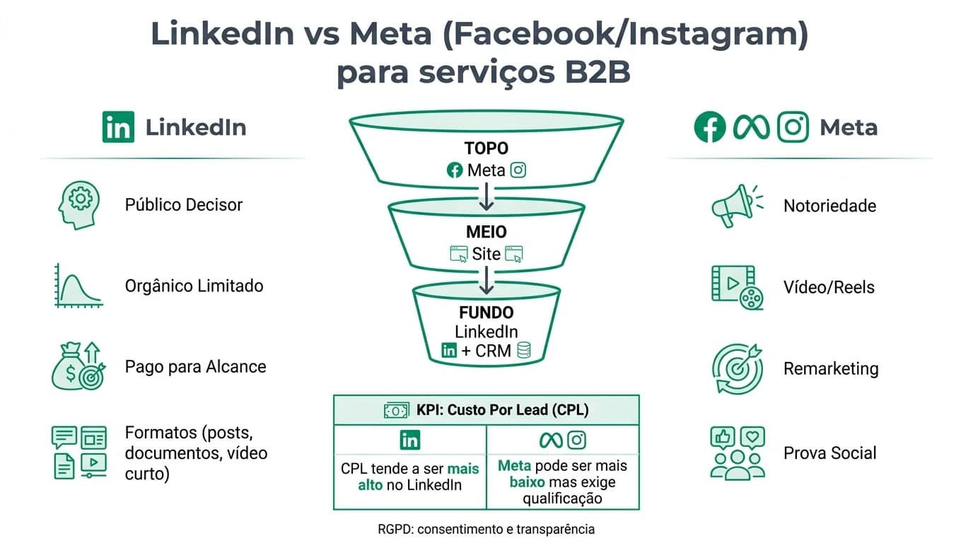 Infografia comparativa LinkedIn versus Facebook e Instagram para empresas de servicos B2B em Portugal com publico-alvo, formatos de conteudo, organico versus pago e etapas de funil.