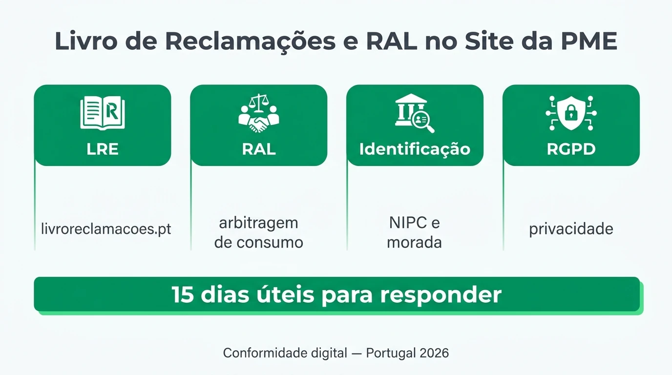 Infográfico sobre obrigações do Livro de Reclamações Eletrónico e RAL no site de PME em Portugal, com link livroreclamacoes.pt, prazo de 15 dias úteis e entidades de arbitragem de consumo.