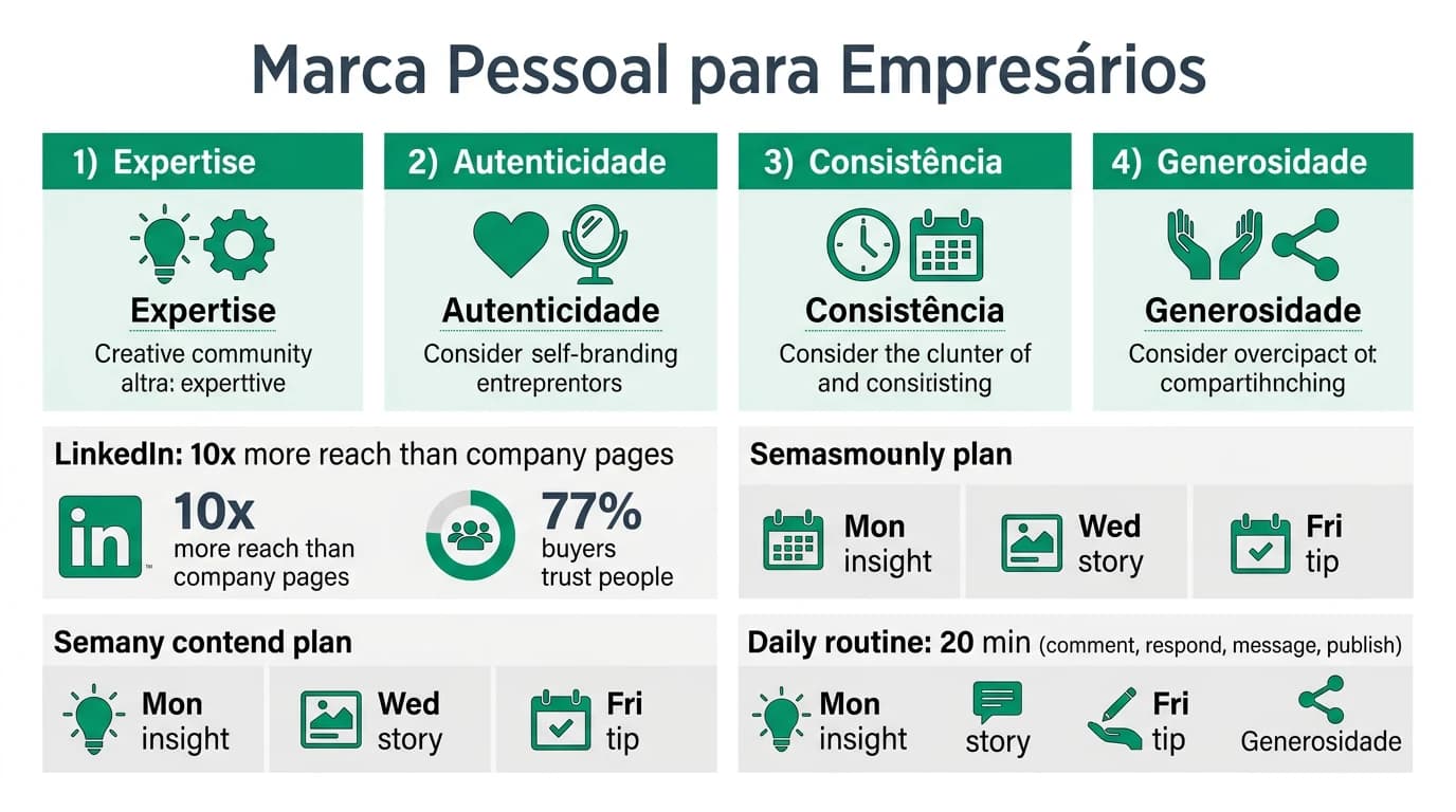 Infografia sobre marca pessoal para empresarios em Portugal com pilares, canais e estrategia de conteudo.
