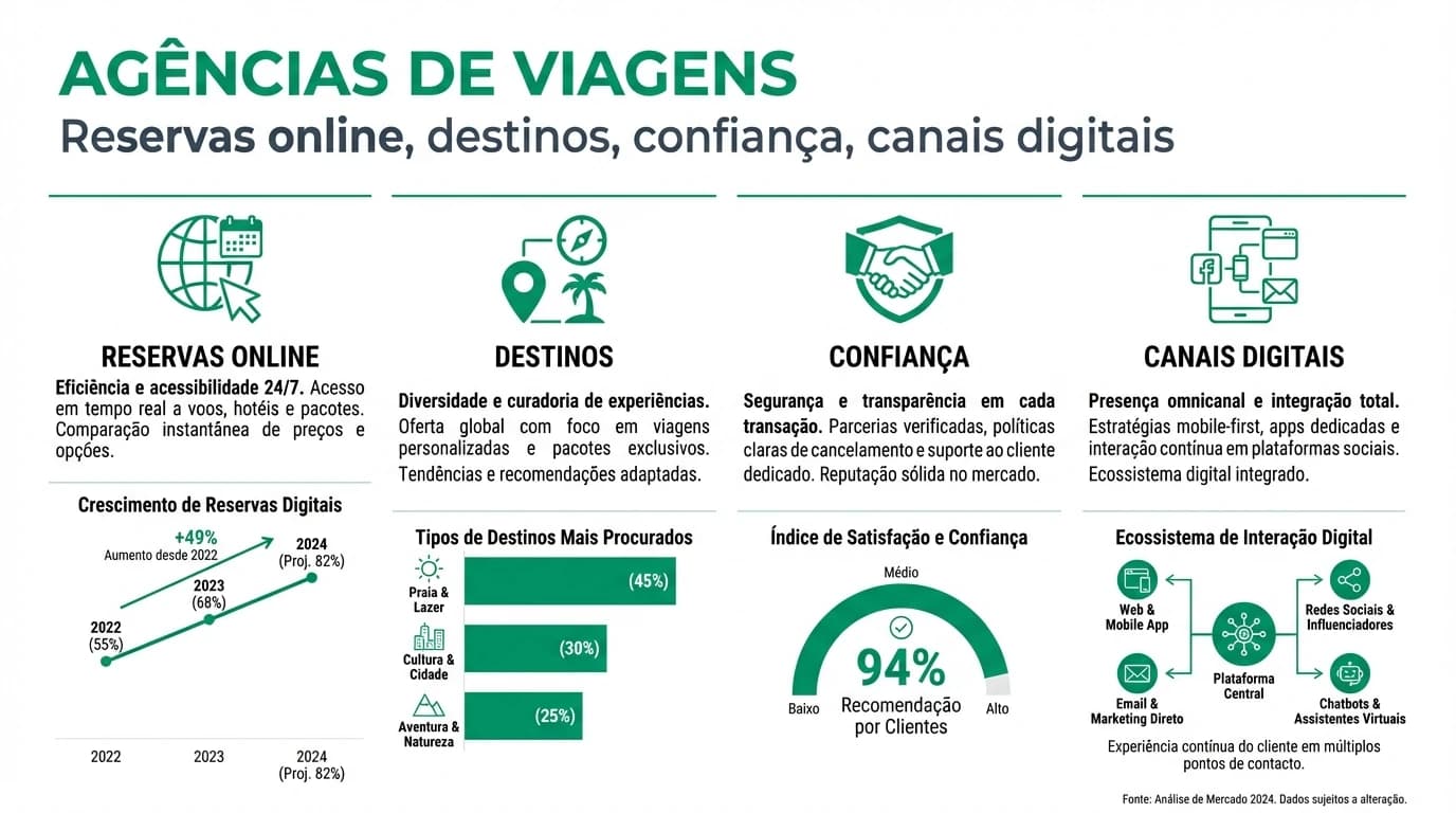 Infografia sobre marketing digital para agencias de viagens em Portugal com reservas online, destinos, canais sociais e indicadores de confianca.