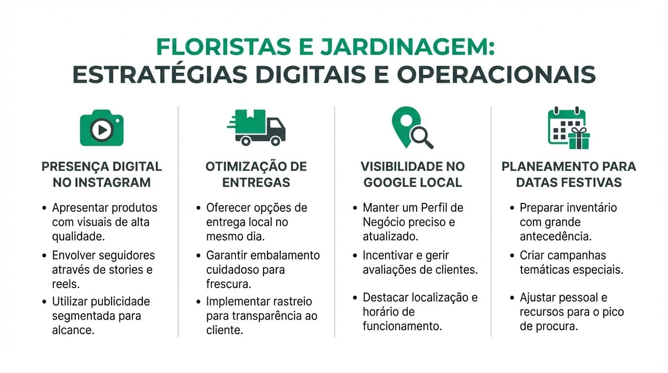 Infografia sobre marketing digital para floristas e centros de jardinagem em Portugal com Instagram, Google Business, entregas e calendario de datas festivas.