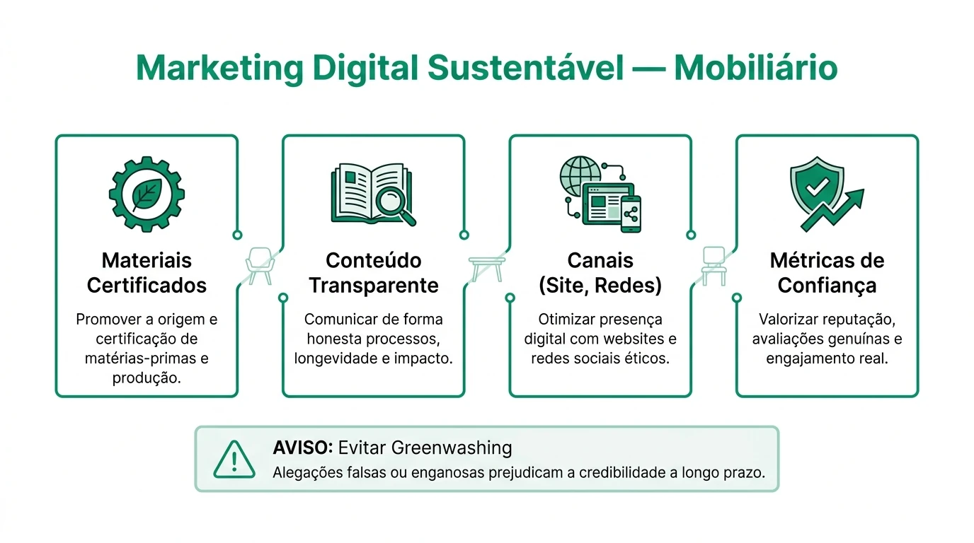 Infografia em estilo consultoria sobre marketing digital sustentavel para PMEs do sector do mobiliario em Portugal, com pilares de estrategia, canais e alerta sobre claims ambientais.