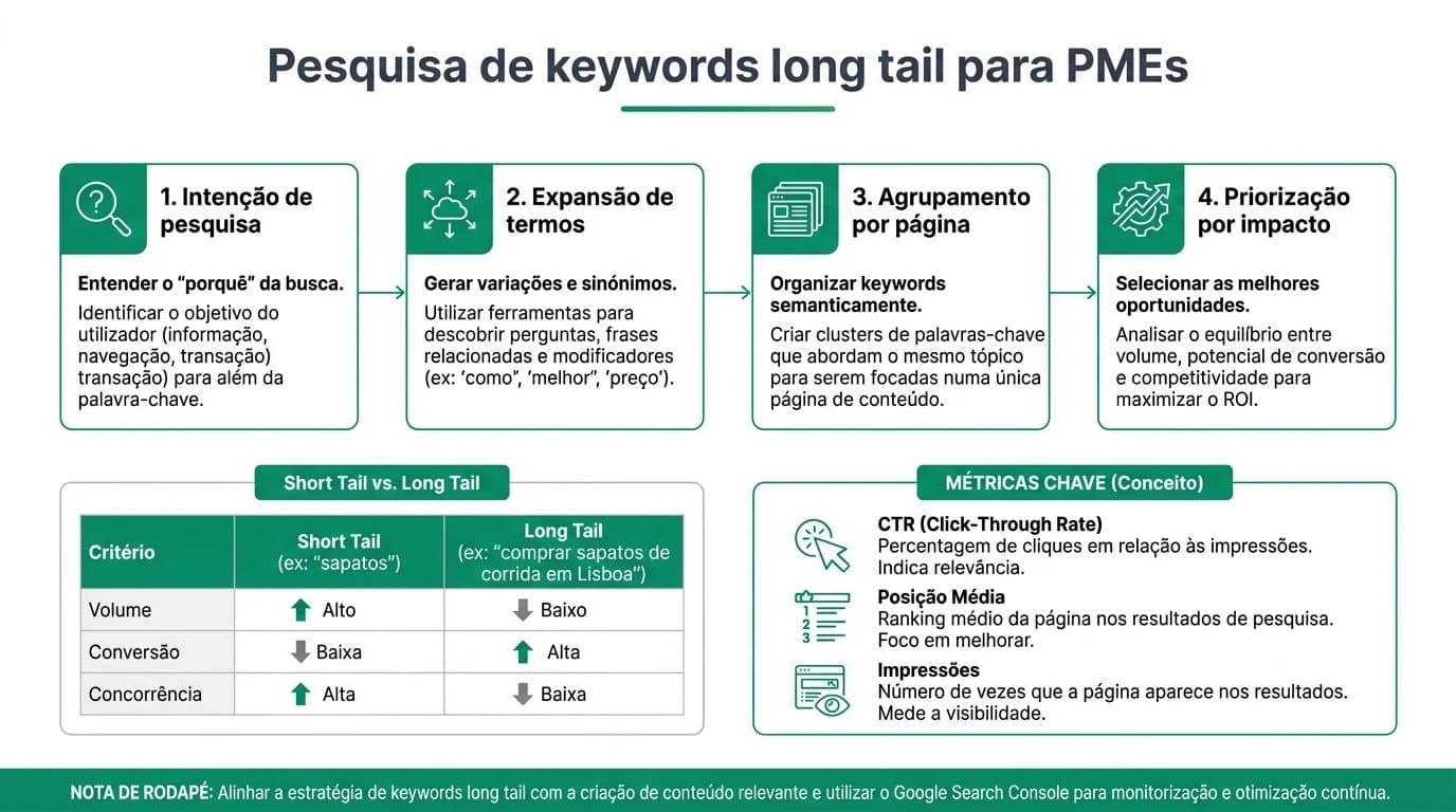 Infografia corporativa sobre pesquisa de palavras-chave long tail para PMEs em Portugal com passos de intencao, expansao de termos, agrupamento por pagina e priorizacao.