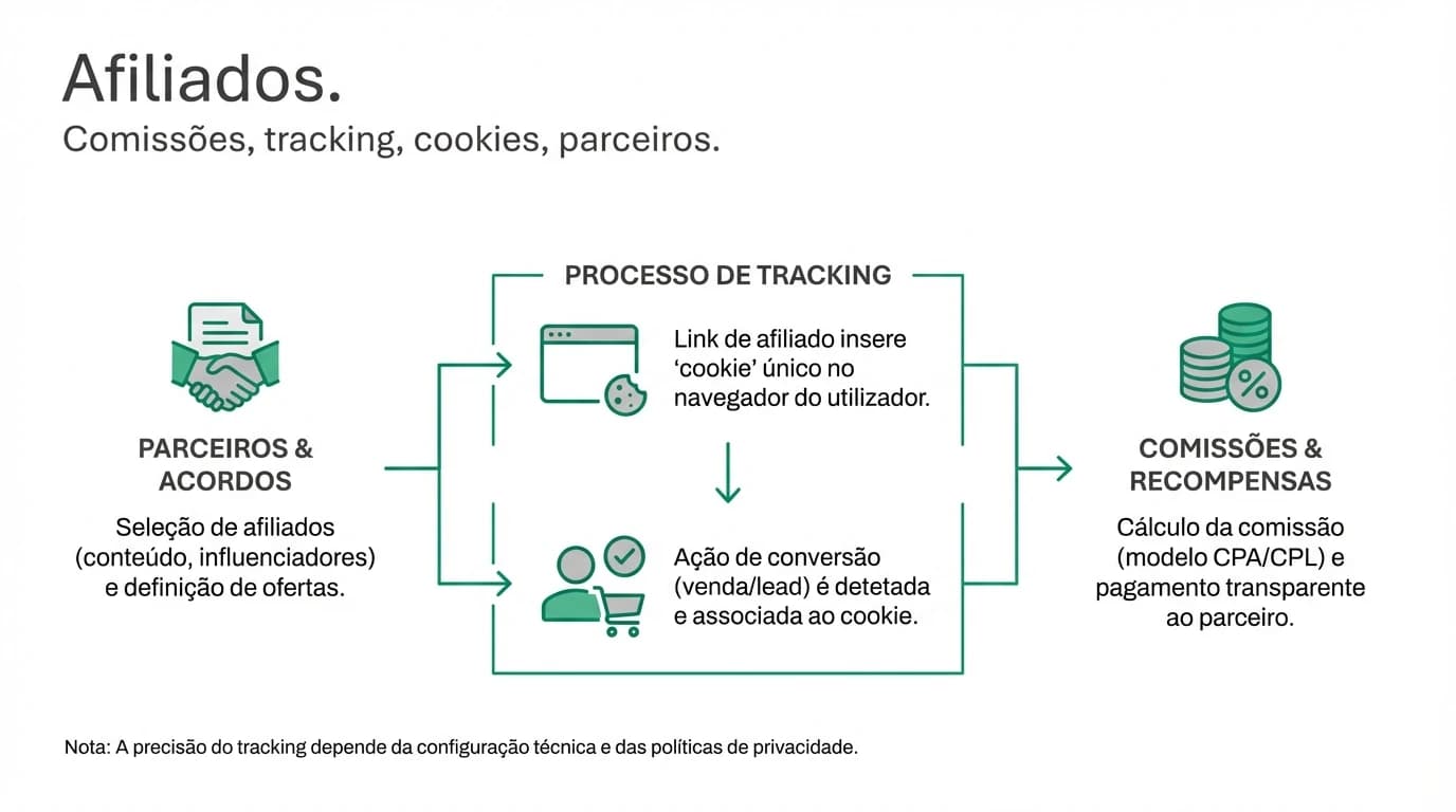 Infografia sobre programa de afiliados para PMEs em Portugal com modelo de comissoes, fluxo de tracking e requisitos de privacidade e contrato.