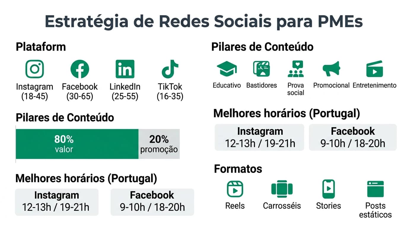 Infografia sobre estrategia de redes sociais para PMEs em Portugal com plataformas, tipos de conteudo e metricas chave.