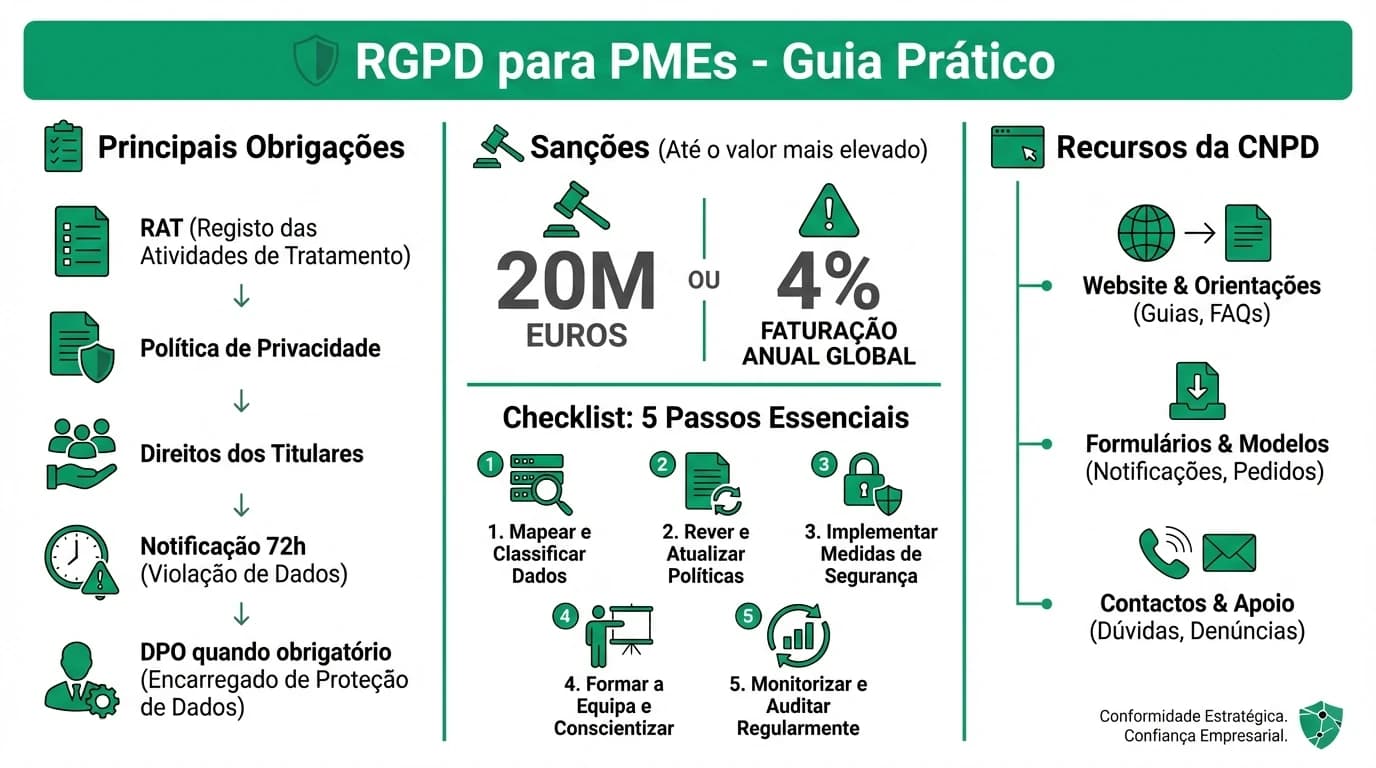 Infografia sobre RGPD e conformidade para PMEs em Portugal com obrigacoes, checklist e sancaoes.