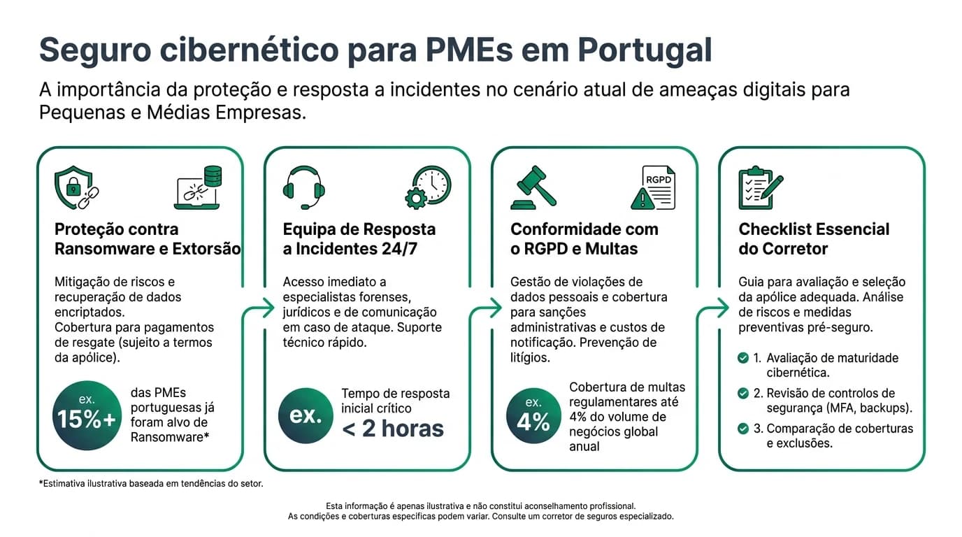Infografia sobre os benefícios e coberturas de um seguro cibernético para Pequenas e Médias Empresas em Portugal, destacando a proteção contra ataques e a conformidade legal.