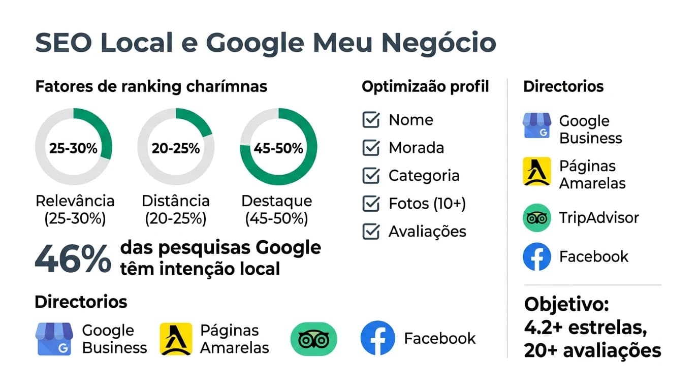 Infografia sobre SEO local e Google Meu Negocio para PMEs em Portugal com fatores de ranking, checklist de otimizacao e exemplos praticos.