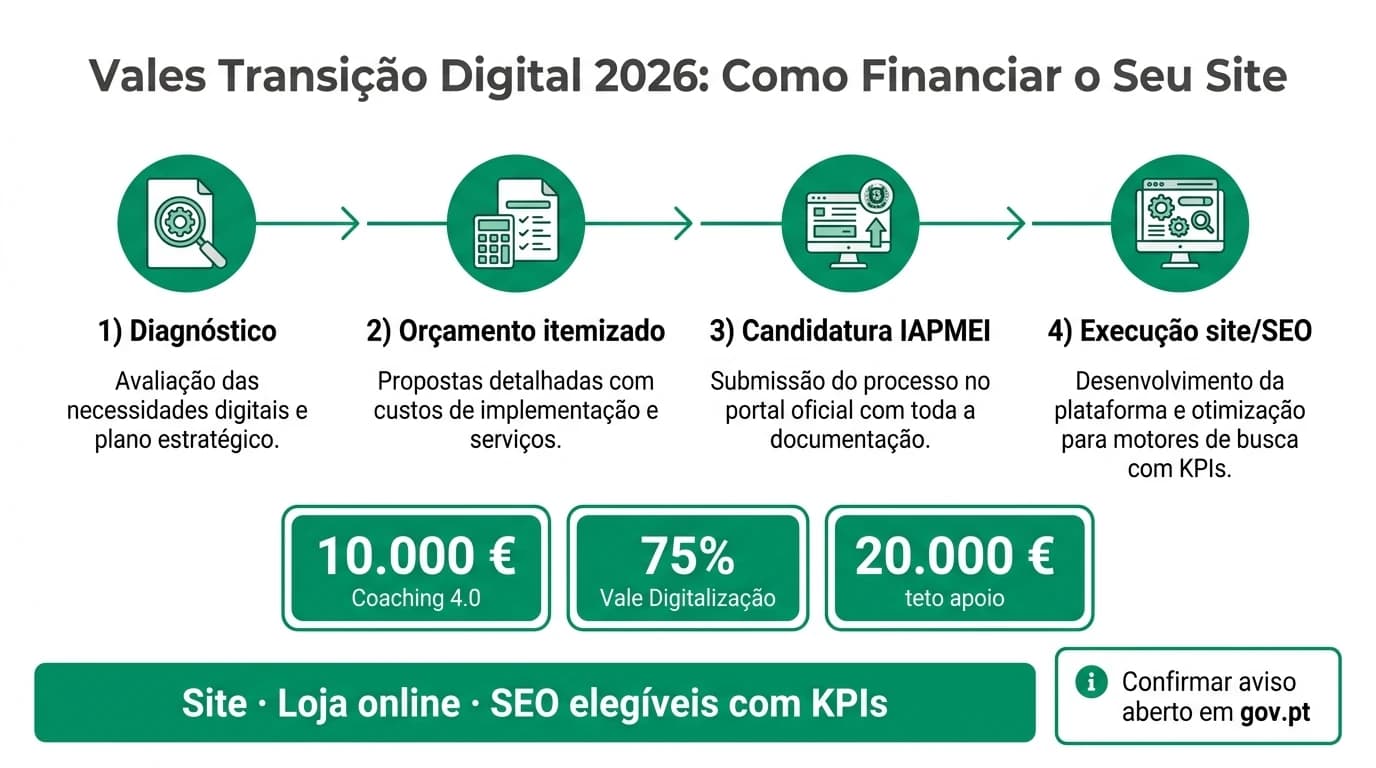 Infografia editorial sobre vales transição digital 2026 em Portugal para financiar site, loja online e SEO de PMEs, com montantes PRR e Portugal 2030, rubricas elegíveis e passos de candidatura no IAPMEI e gov.pt.