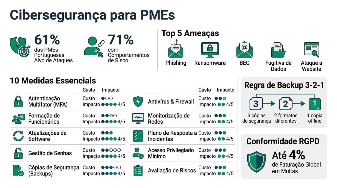 Infografia sobre ciberseguranca para PMEs em Portugal com ameacas, medidas de protecao e checklist de seguranca.