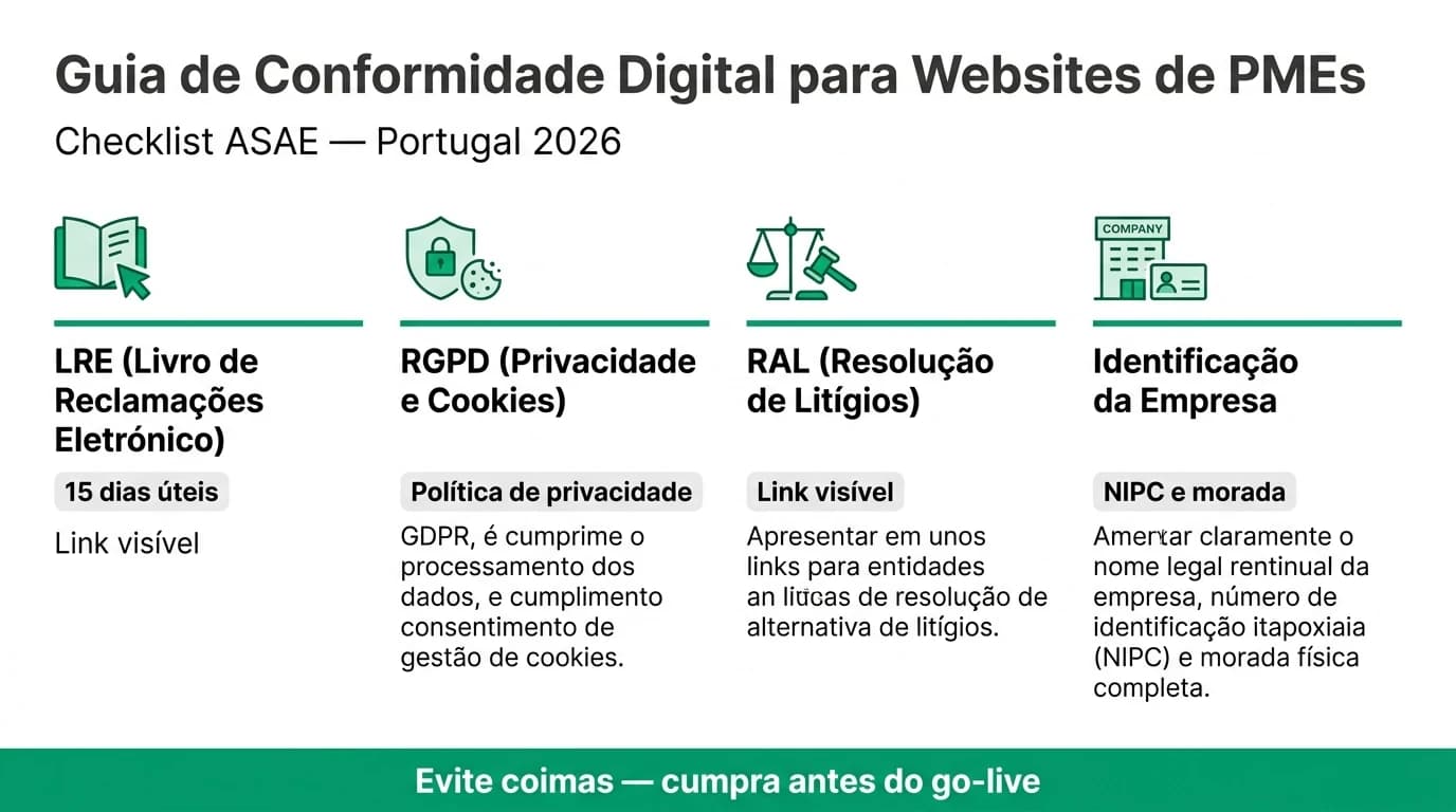 Infográfico sobre conformidade digital de websites de PMEs em Portugal com Livro de Reclamações Eletrónico, RGPD, RAL e checklist ASAE para evitar coimas.