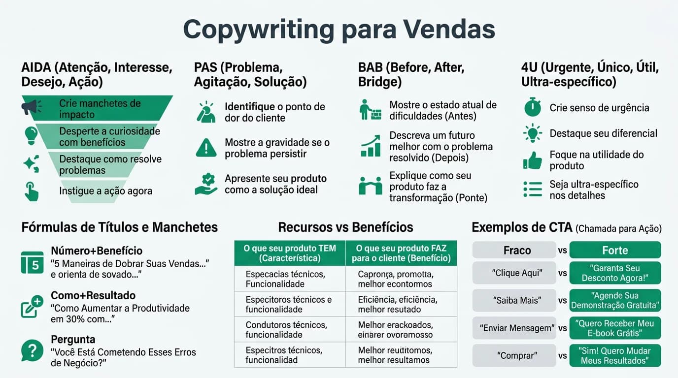Infografia sobre copywriting para vendas com formulas, estruturas e exemplos de titulos e CTAs para PMEs.