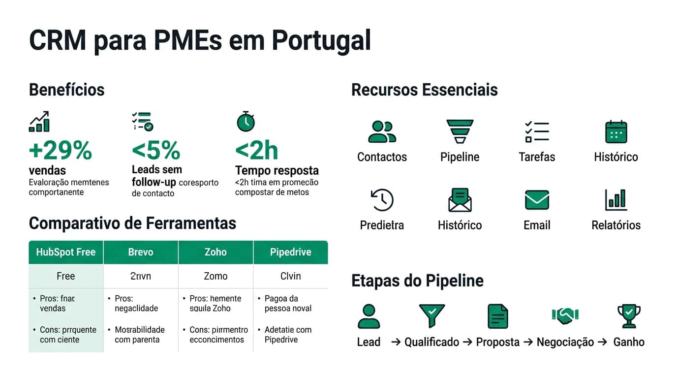 Infografia sobre CRM para PMEs em Portugal com funcionalidades essenciais, ferramentas e beneficios de implementacao.