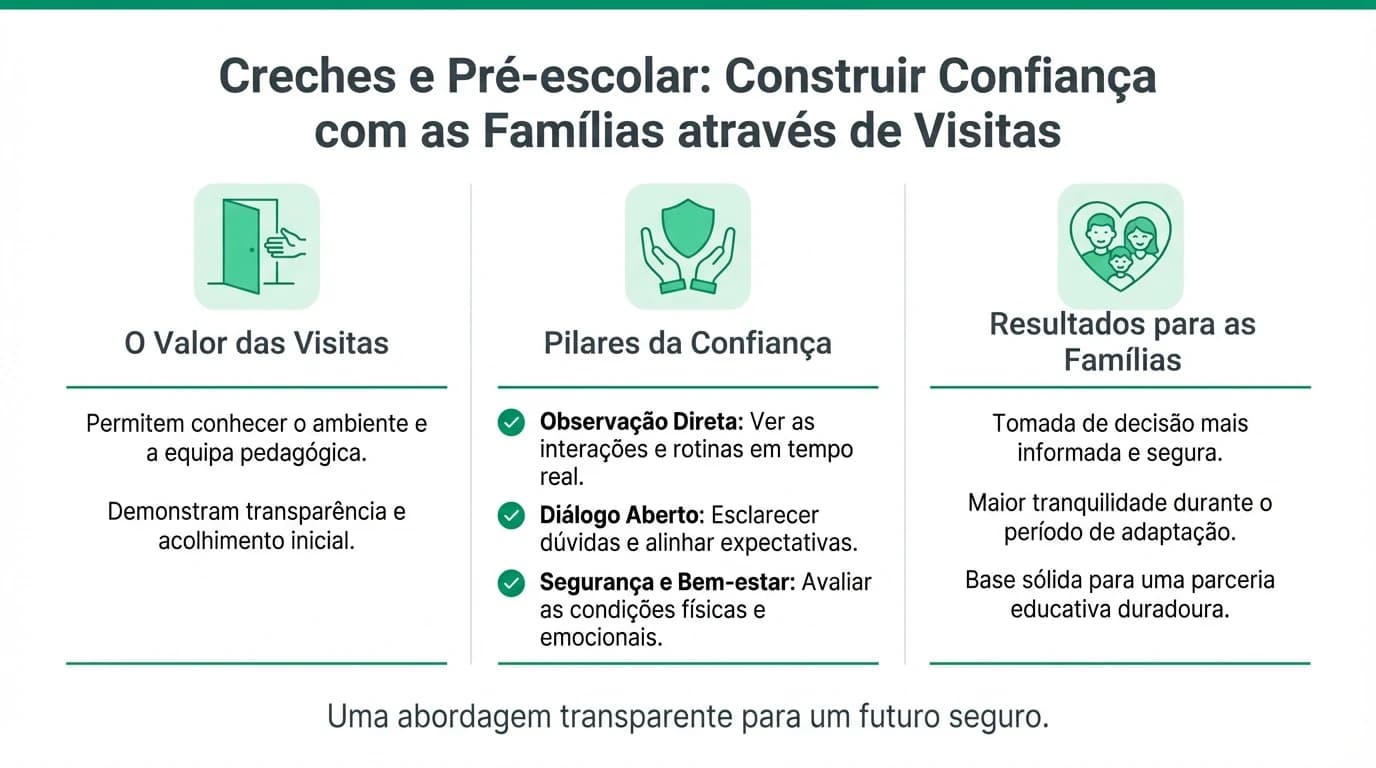 Infografia sobre marketing digital para creches e pre-escolar em Portugal com Google local, visitas agendadas e comunicacao com familias.