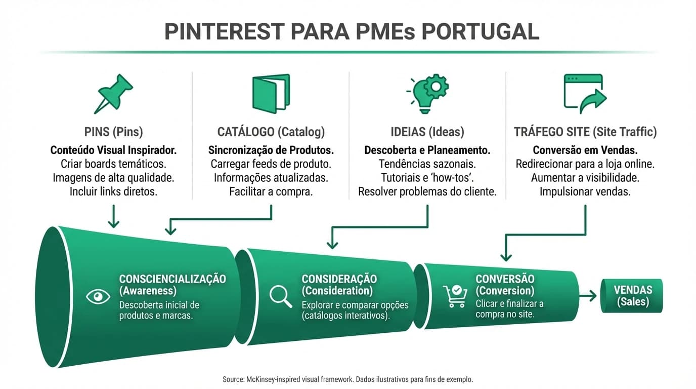 Infografia sobre Pinterest para negocios em Portugal com Pins, catalogo de produtos, tendencias de ideias e fluxo de trafego para loja online ou contacto.