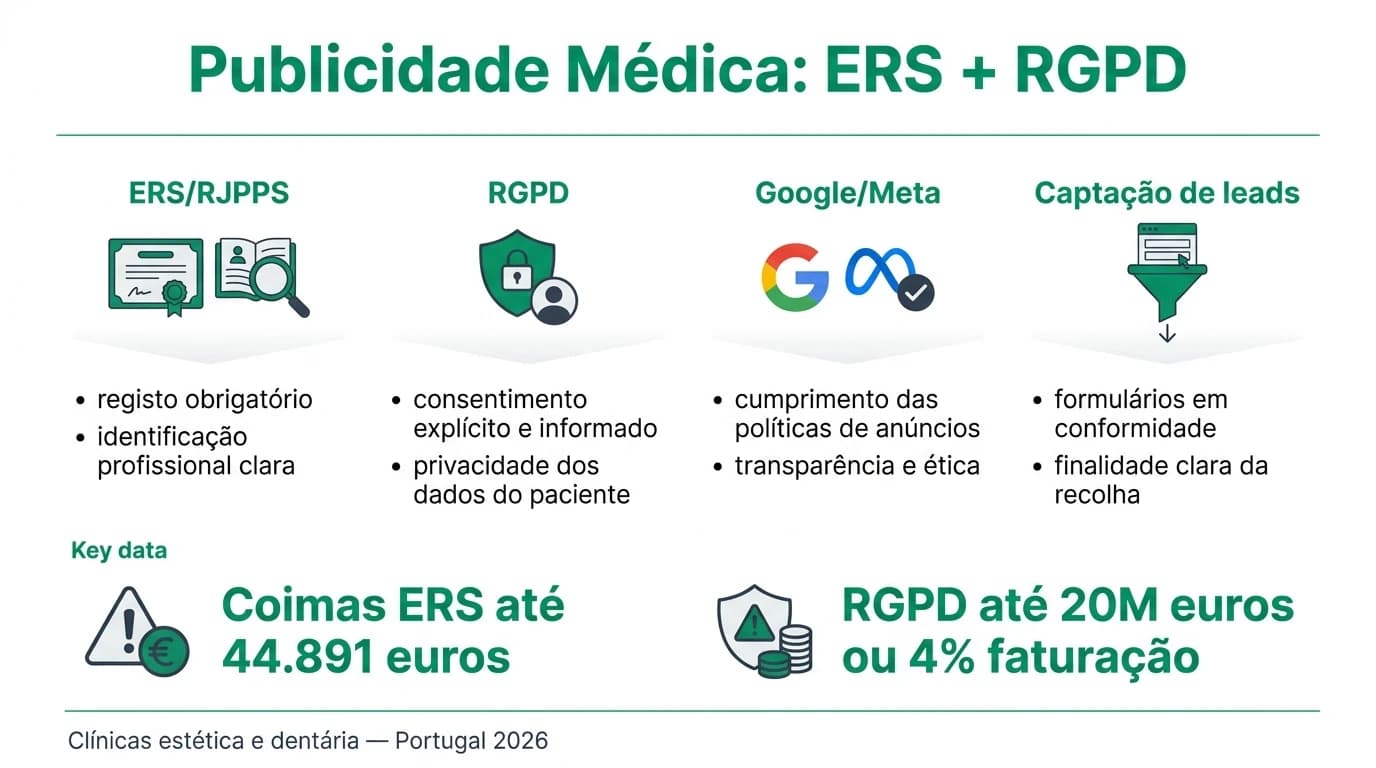 Infográfico sobre publicidade médica em Portugal com regras ERS e RGPD para clínicas de medicina estética e dentária: identificação ERS, consentimento, políticas Google Meta e captação de leads compliant.