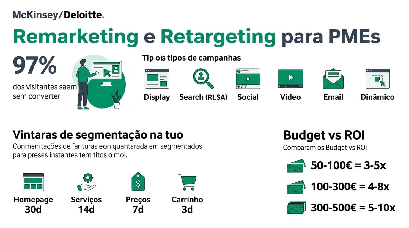 Infografia sobre remarketing e retargeting para PMEs com funil, plataformas e estrategias de segmentacao.