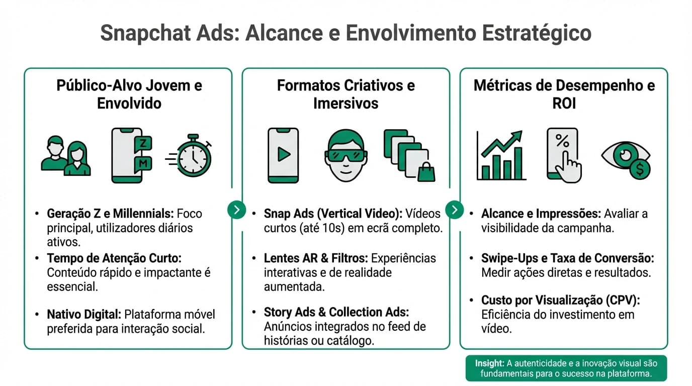 Infografia sobre Snapchat para negocios em Portugal com Snap Ads, criativos verticais, publico e metricas de conversao e alcance.