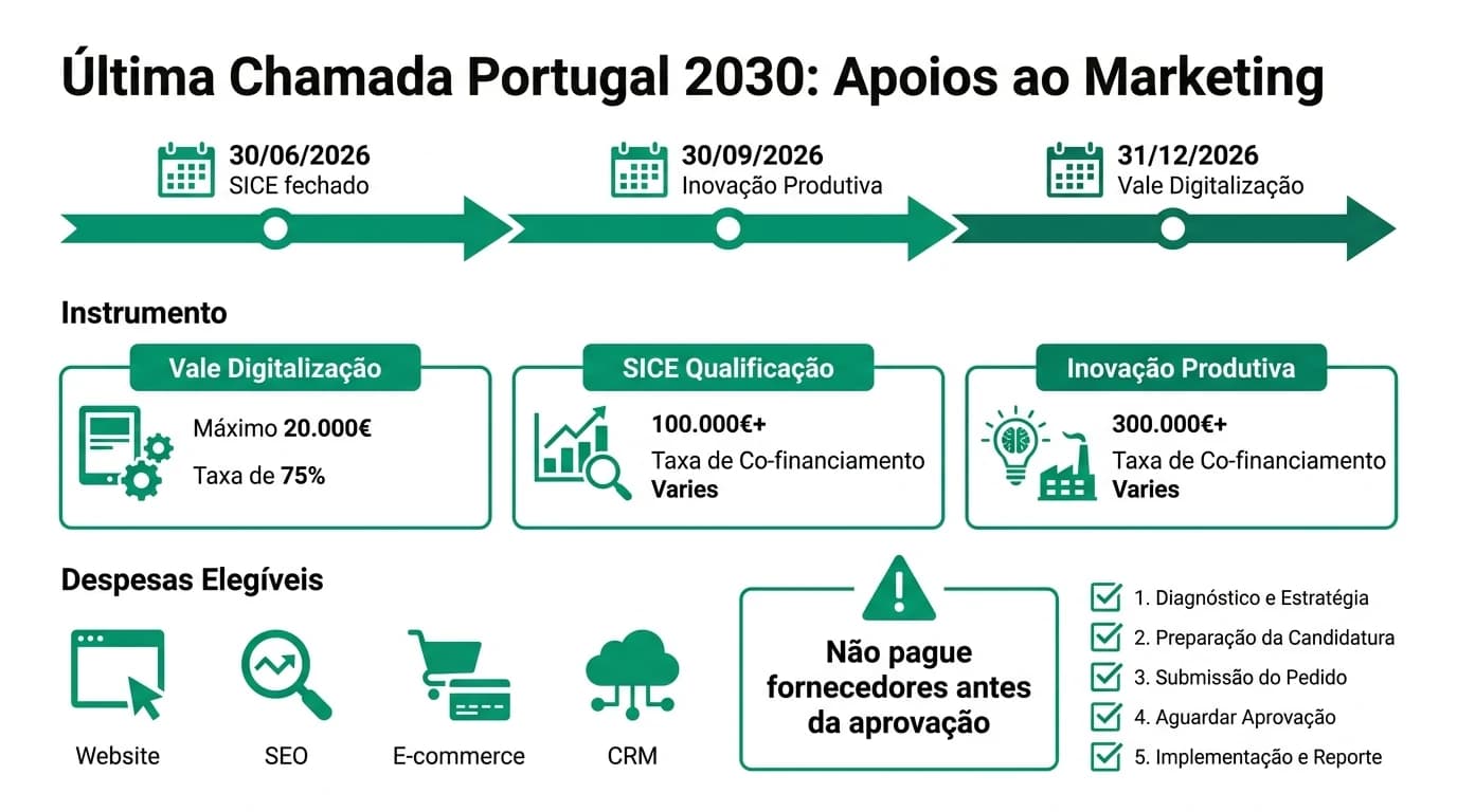 Infografia editorial de urgência sobre a última chamada Portugal 2030 para apoios ao marketing digital de PMEs portuguesas, com cronograma de prazos até dezembro de 2026, instrumentos Vale Digitalização, SICE Qualificação e Inovação Produtiva, rubricas de website, SEO, e-commerce e CRM, taxas de cofinanciamento até 75 por cento e checklist de candidatura no Balcão dos Fundos.