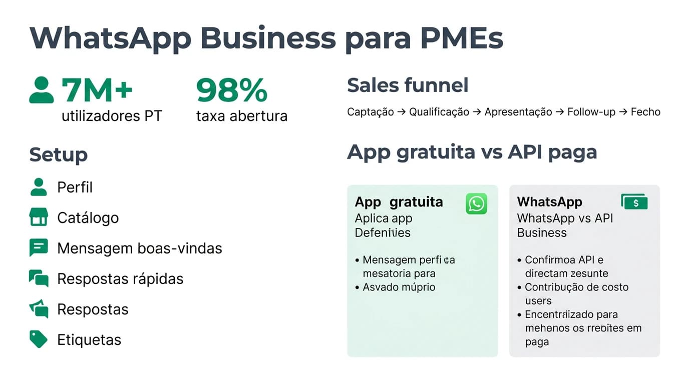 Infografia sobre WhatsApp Business para PMEs em Portugal com funcionalidades, configuracao e estrategias de vendas.
